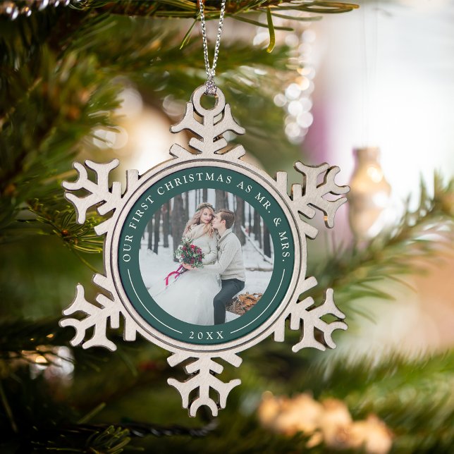 Forest | First Married Christmas Photo Snowflake Pewter Christmas Ornament (Creator Uploaded)