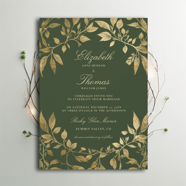 Forest Foliage Botanical Elegant Script Wedding Invitation (Moody Forest Foliage Frame Modern Classic wedding invitation emerald green gold elegant)