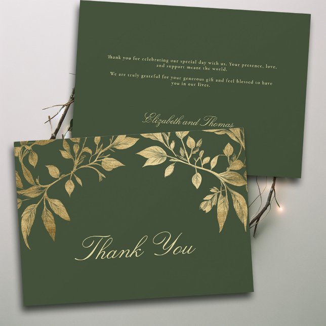 Forest Foliage Botanical Elegant Script Wedding Thank You Card (Forest Foliage Botanical Photo Wedding thank you card Enchanted Magical Fairy Tale Moody Gold)