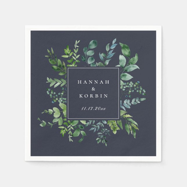 Forest Foliage Frame Navy Blue Napkin (Front)