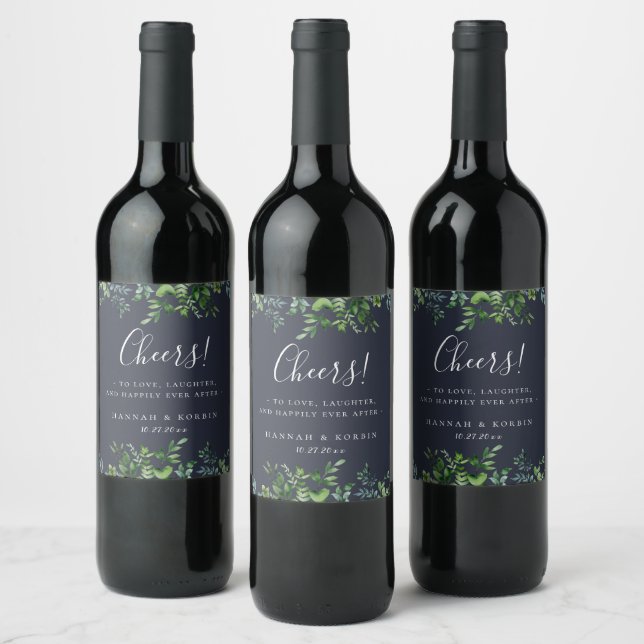 Forest Foliage Frame Navy Blue Wedding Wine Label (Bottles)