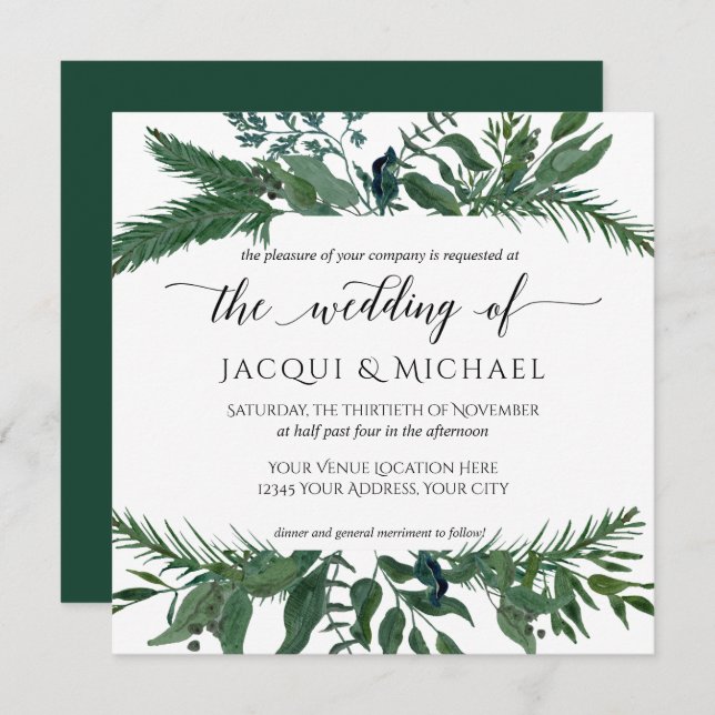 Forest Foliage Wreath Watercolor Wedding | Square Invitation (Front/Back)