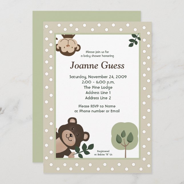 Forest Friends Bear & Monkey Baby Shower Invitation (Front/Back)