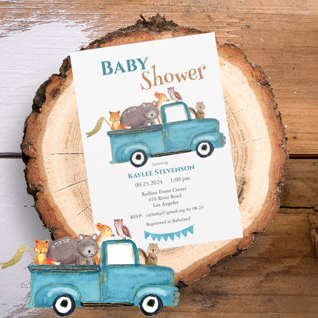 Forest Friends Watercolor Blue Baby Shower Invitation (Creator Uploaded)