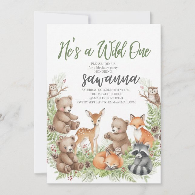 Forest Friends Wild One 1st Birthday Invitation (Front)