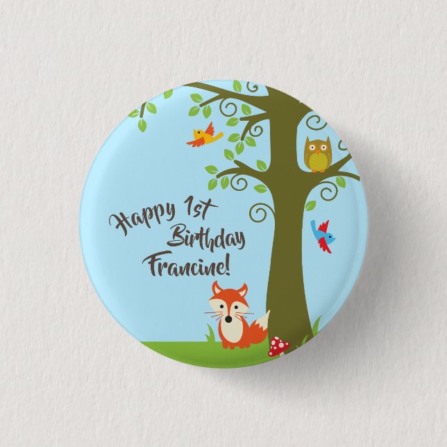 Forest Friends Woodland Cute 1st Birthday Party 3 Cm Round Badge (Front)