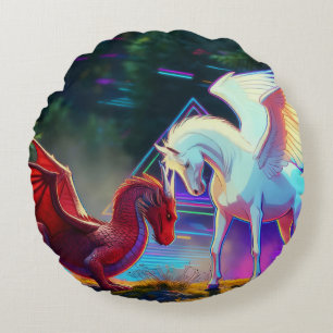 Forest Friends - Young Dragon and Young Pegasus Round Cushion