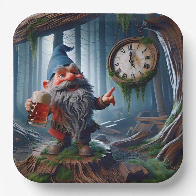 Forest Gnome On Five o'clock Time Paper Plate (Front)