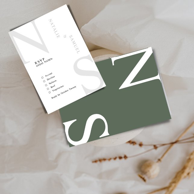 Forest Gr Minimalist Elegant Bold Initials Wedding RSVP Card (Creator Uploaded)
