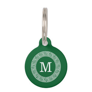 Forest Gr Wht Greek Key Rnd Frame Initial Monogram Pet Tag