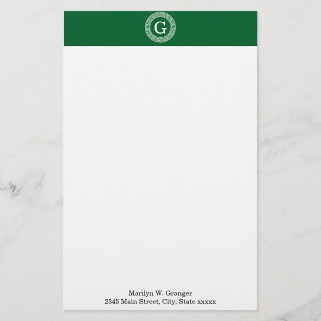 Forest Gr Wht Greek Key Rnd Frame Initial Monogram Stationery (Front)
