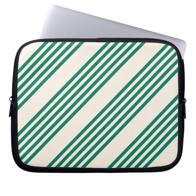 Forest green and beige five stripes pattern laptop sleeve (Front)