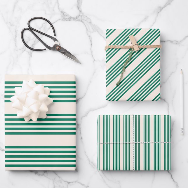 Forest green and beige five stripes pattern wrapping paper sheet (Front)
