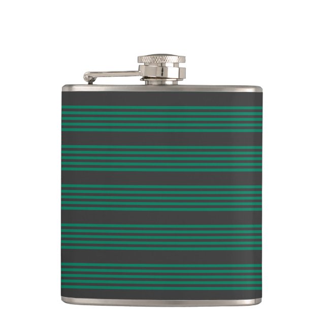 Forest green and charcoal fives stripe pattern hip flask (Front)
