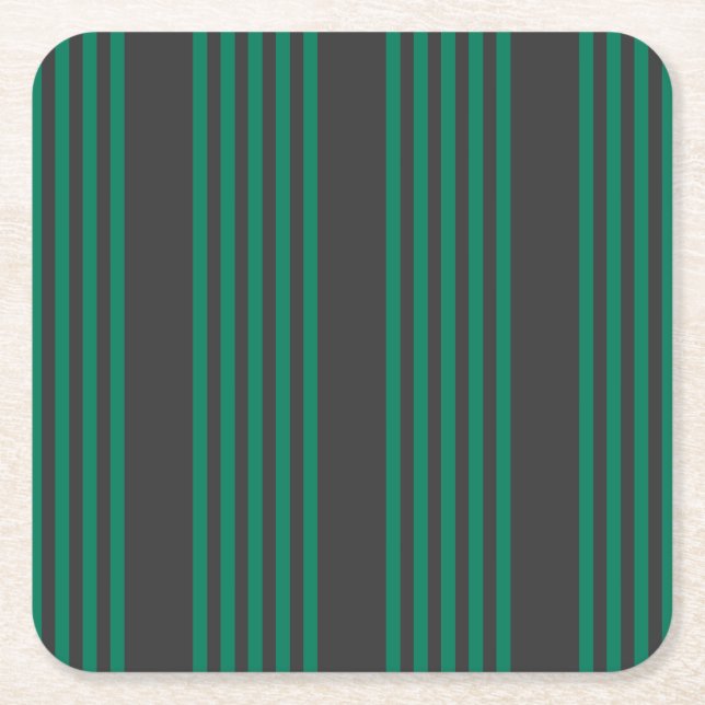 Forest green and charcoal fives stripe pattern square paper coaster (Front)
