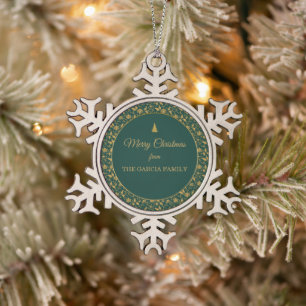 Forest Green and Gold Damask Snowflake Pewter Christmas Ornament