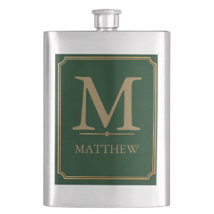 Forest Green and Gold Monogram Hip Flask