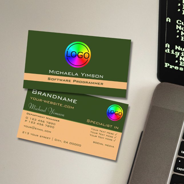 Forest Green and Peach Chic with Logo Professional Business Card (Creator Uploaded)