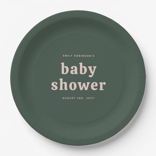 Forest Green and Pink Gender Neutral Baby Shower Paper Plate (Front)