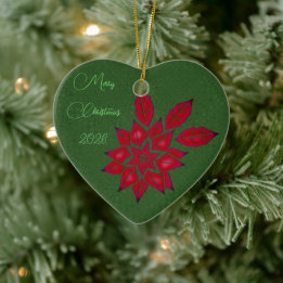 Forest Green and Red Poinsettia Ceramic Tree Decoration