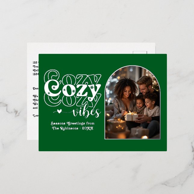 Forest Green and Silver Cosy Vibes Retro Christmas Foil Holiday Postcard (Front/Back)