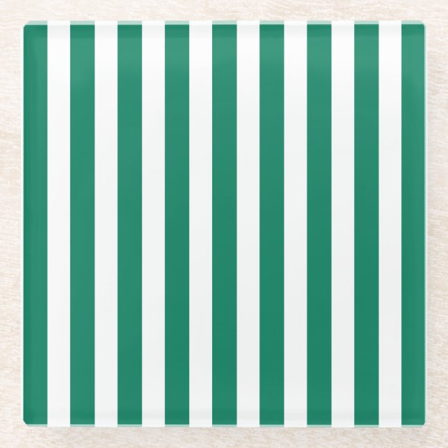 Forest green and white candy stripes glass coaster (Front)