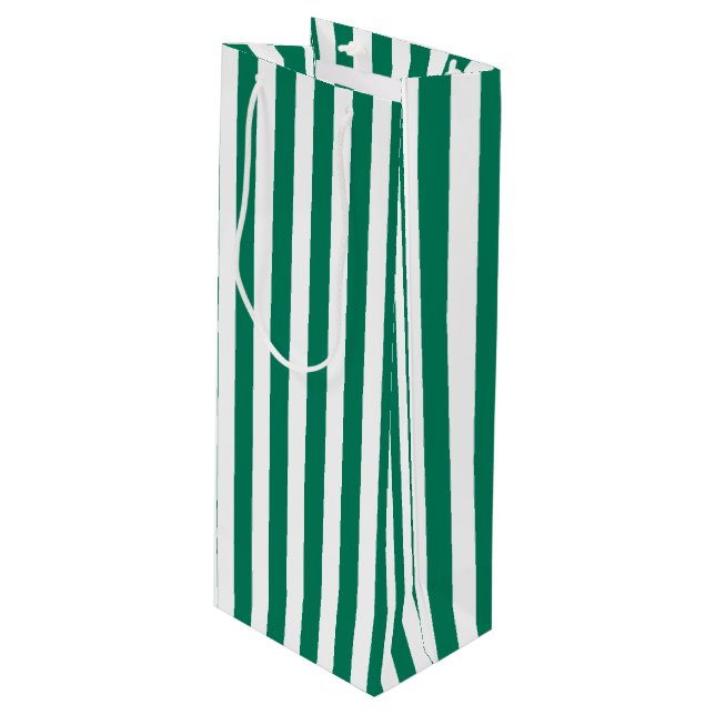 Forest green and white candy stripes wine gift bag (Front Angled)
