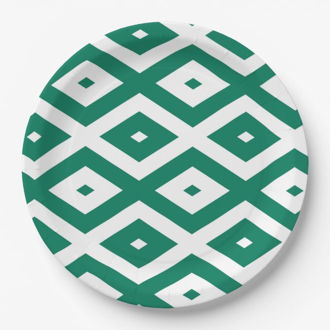 Forest green and white diamond pattern paper plate (Front)