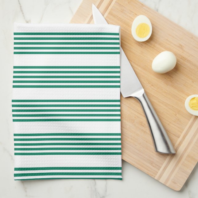 Forest green and white five stripe pattern tea towel (Quarter Fold)