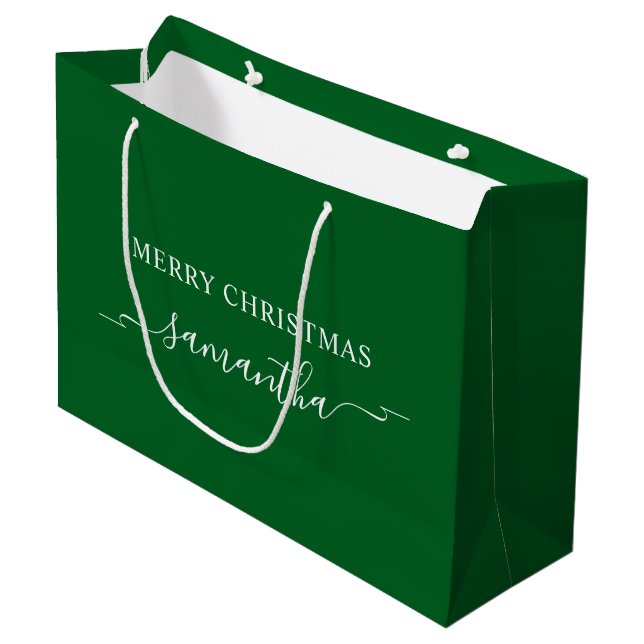 Forest Green and White Merry Christmas Ribbon Name Large Gift Bag (Front Angled)
