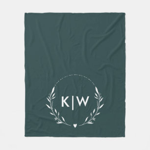Forest Green and White Modern Initials Monogram Fleece Blanket