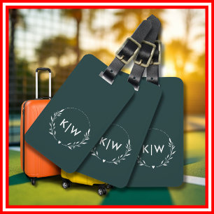 Forest Green and White   Modern Initials Monogram Luggage Tag