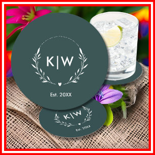 Forest Green and White Modern Initials Monogram Round Paper Coaster