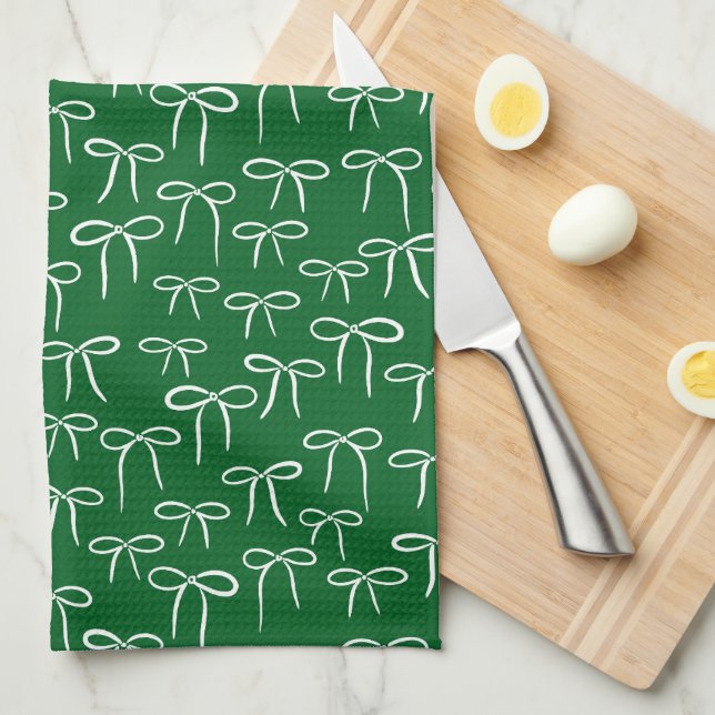 Forest Green and White Simple Bow Doodle Pattern Tea Towel (Quarter Fold)