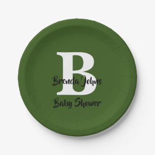 Forest Green Baby Shower Monogram Jungle Theme Paper Plate