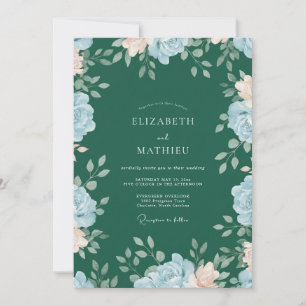 Forest Green Blue Floral Wedding Invitation