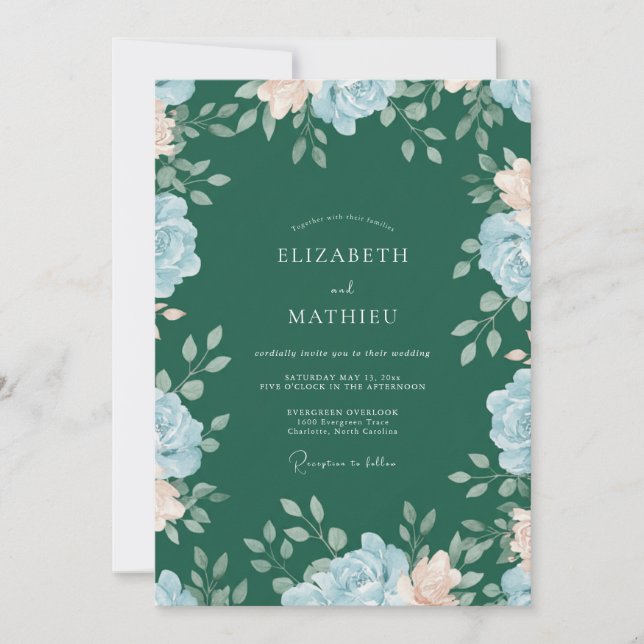Forest Green Blue Floral Wedding Invitation (Front)