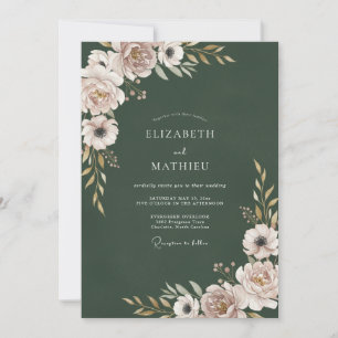 Forest Green Blush Floral Wedding Invitation