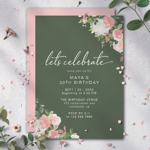 Forest Green Blush Pink Floral Garden Birthday Invitation