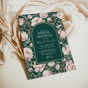 Forest Green Boho Chinoiserie Floral Bridal Shower Invitation