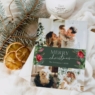 Forest Green Botanical 3 Photo Merry Christmas Holiday Card
