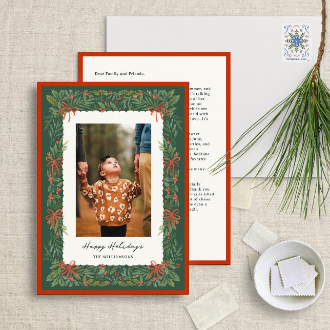 Forest Green Botanical Border Photo Holiday Card (Creator Uploaded)