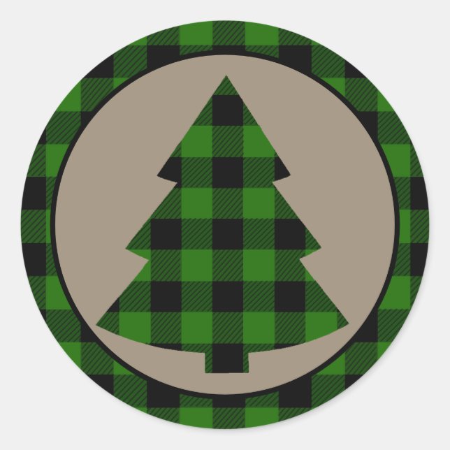 Forest Green Buffalo Plaid Border Christmas Tree Classic Round Sticker (Front)