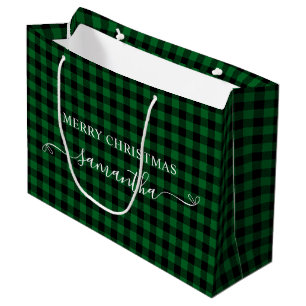 Forest Green Buffalo Plaid Merry Christmas Bows Large Gift Bag