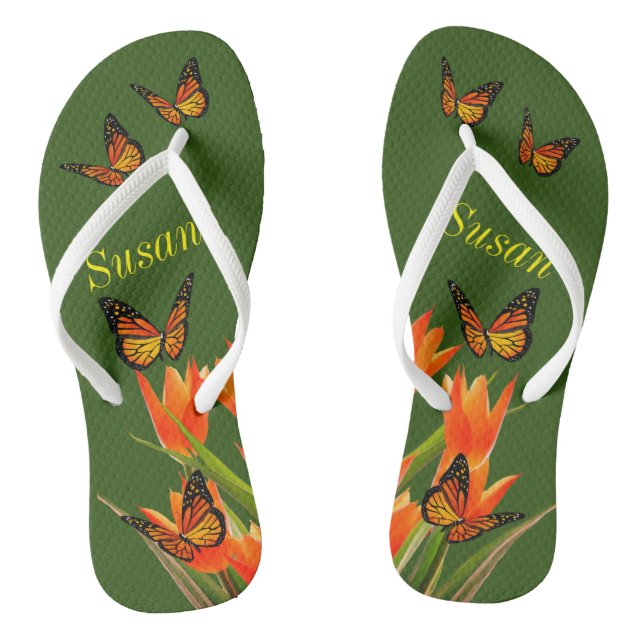Forest Green Butterflies Pair of Flip Flops (Footbed)