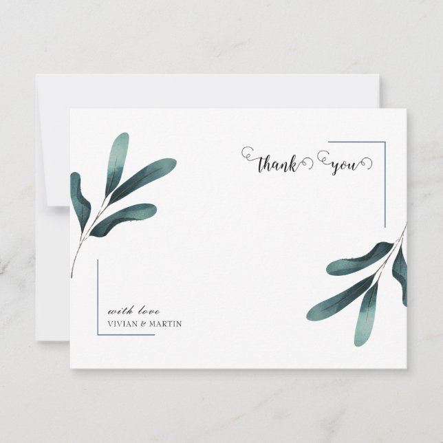 Forest Green Calligraphy Eucalyptus Wedding Thank You Card (Front)