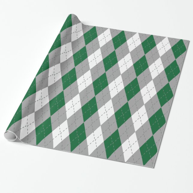 Forest Green Charcoal Dk Grey Wht XL Argyle Wrapping Paper (Unrolled)