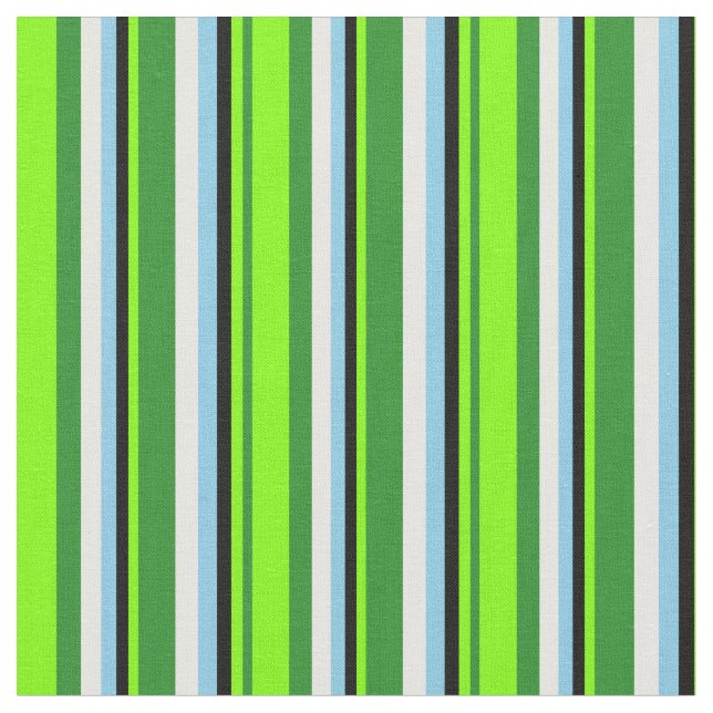 Forest Green, Chartreuse, Black, Sky Blue & White Fabric (Close Up)