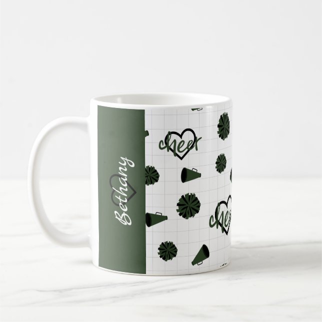Forest Green Cheer Hearts, Pom Poms, Megaphone Coffee Mug (Left)