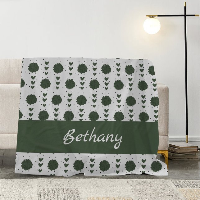 Forest Green Cheerleader Pom Poms & Hearts Pattern Fleece Blanket (Creator Uploaded)